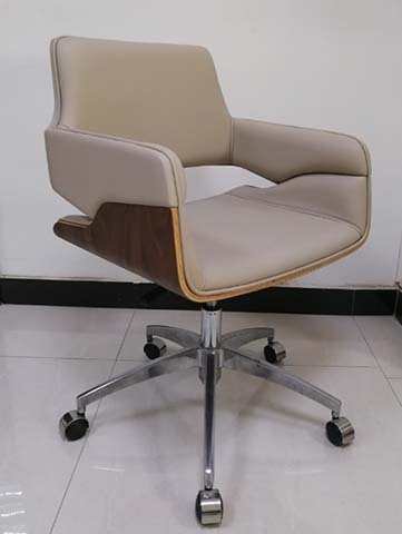 Light Beige Upholstered Swivel Office Chair with Walnut Veneer Shell and Chrome Five-Star Base