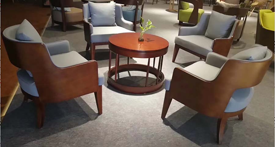 4-Seater Walnut-Finish Wood Frame Upholstered Lounge Seating Set with Round Coffee Table