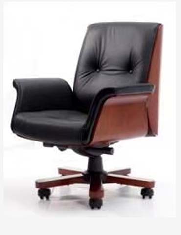 Mid-Back Tufted Leather Executive Office Chair with Mahogany Wood Trim and 5-Star Swivel Base
