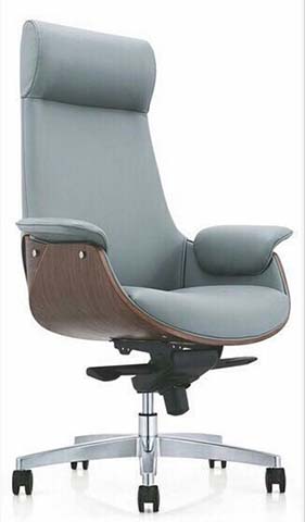Slate Blue Leather Upholstered High Back Executive Office Chair with Walnut Bentwood Side Shell