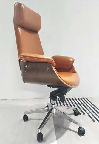 Cognac Brown Leather High-Back Executive Office Chair with Walnut Wood Shell