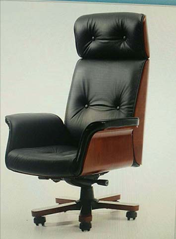 High-Back Tufted Black Leather Executive Office Chair with Walnut Bentwood Trim