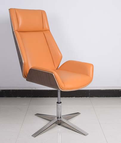 Armless High-Back Swivel Lounge Chair, Orange Upholstery, Dark Walnut Side Panel, Polished 4-Star Metal Base