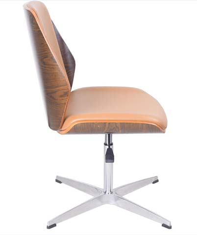 Mid-Century Armless Swivel Office Chair with Walnut Bentwood Back, Tan Upholstery and Polished 4-Star Aluminum Glide Base