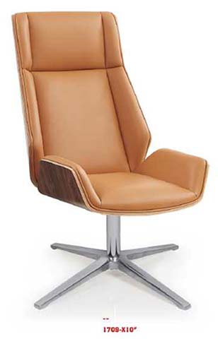 High-Back Cognac Tan Upholstered Swivel Executive Lounge Office Chair with 4-Star Polished Aluminum Base and Dark Wood Side Accent