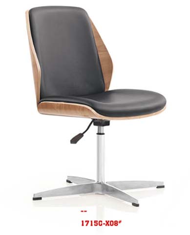 Height-Adjustable Armless Conference Chair with Bent Wood Outer Shell, Black Upholstered Seat/Back and Polished Aluminum Sled Base