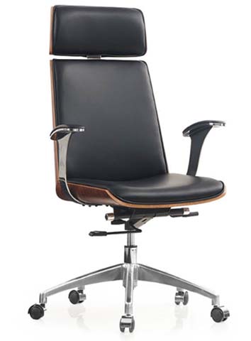 High-Back Leather Executive Office Chair with Headrest and Walnut Veneer Shell