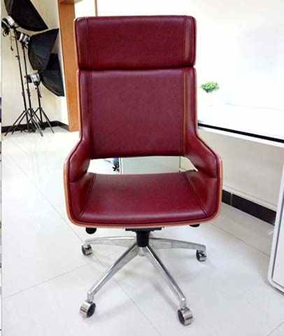 High-Back Burgundy Leather Executive Office Chair with Polished Aluminum Base