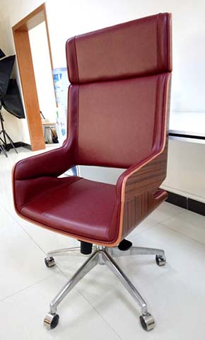 High-Back Wine Red Leather Executive Office Chair with Wood Veneer Shell