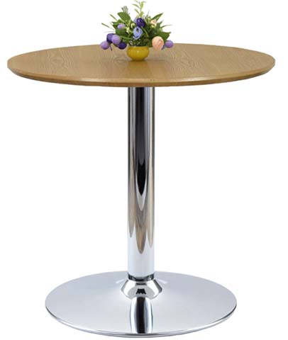 Round Oak-Effect Pedestal Bistro Dining Table with Chrome Base