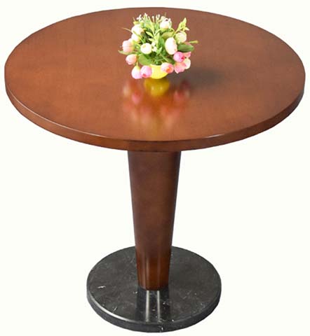 Round Pedestal Bistro Table with Round Top, Tapered Wood Column and Dark Disc Base
