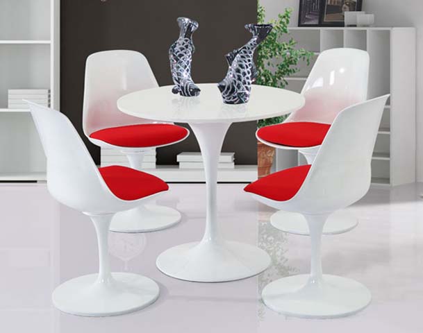 5-Piece White Tulip Dining Set with Red Cushioned Swivel Chairs