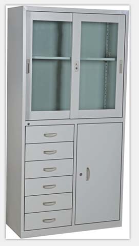 Steel Office Storage Cabinet with Upper Glass Sliding Doors, Six Lower Drawers and Right Solid Door