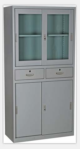 Stainless Steel Medical Storage Cabinet with Glass Upper Doors, Two Middle Drawers and Lower Solid Doors