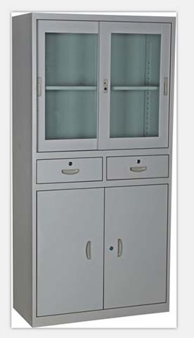 Stainless Steel Glass Upper Storage Cabinet with Mid Drawers and Solid Lower Doors