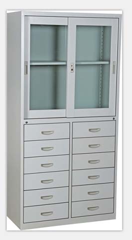 12-Drawer Steel Storage Cabinet with Upper Glazed Sliding Doors