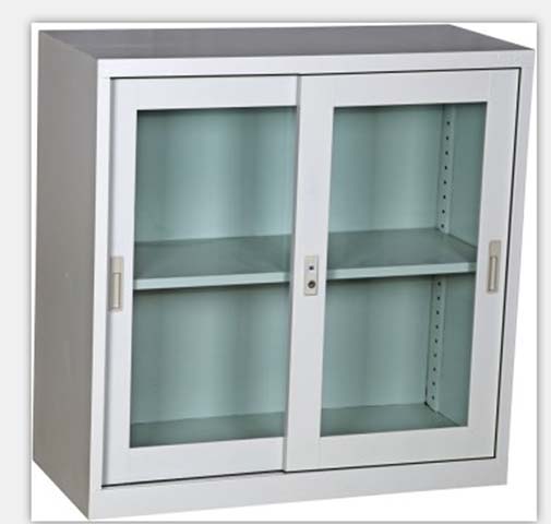 Wall-Mounted Steel Storage Cabinet with Sliding Clear Glass Doors