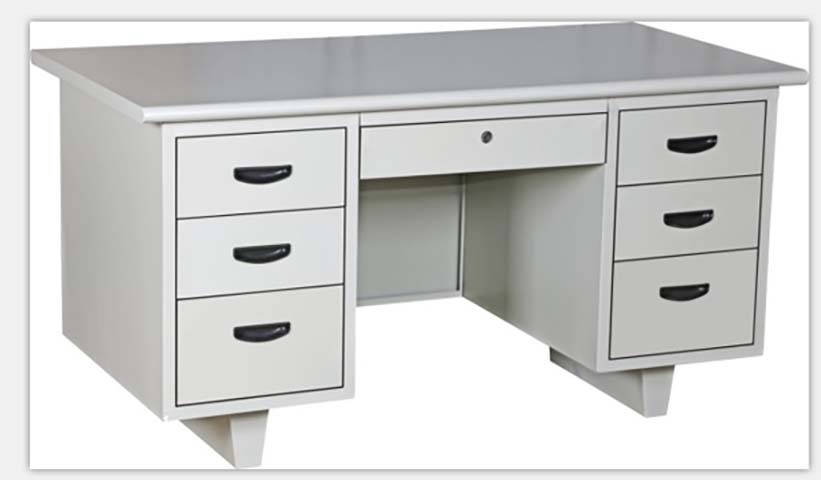 All-Steel Double-Pedestal Office Desk with 7 Drawers, Central Knee Well