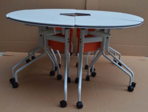 Modular Mobile Round Conference Table with Folding Segments, Integrated Casters and Central Cable Port