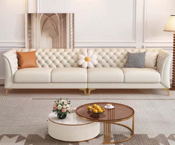 Cream Tufted 4-Seater Upholstered Sofa with Gold Metal Legs