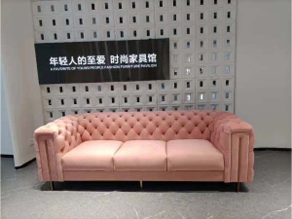 Pastel Pink Velvet Tufted 3-Seater Chesterfield Sofa with Gold Metal Legs