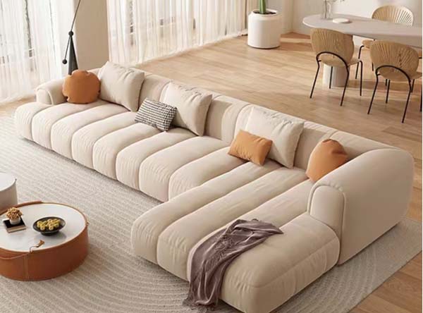 Cream Channel-Quilted Low-Profile L-Shaped Modular Sectional Sofa with Right Chaise