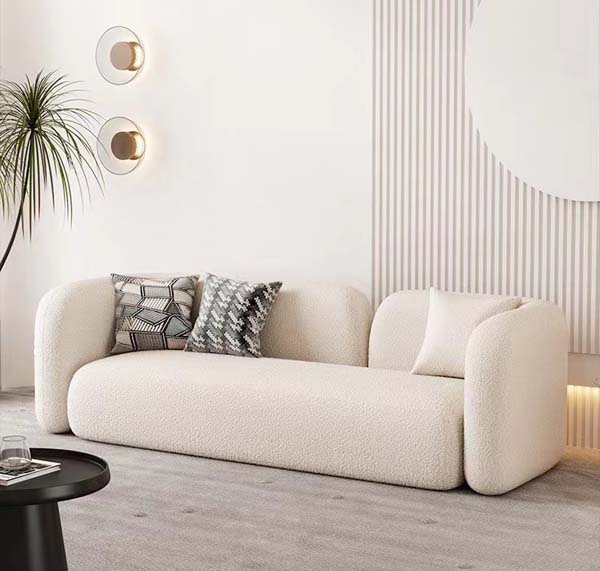 Curved Rounded Boucle Upholstered 3-Seater Sofa with Throw Pillows