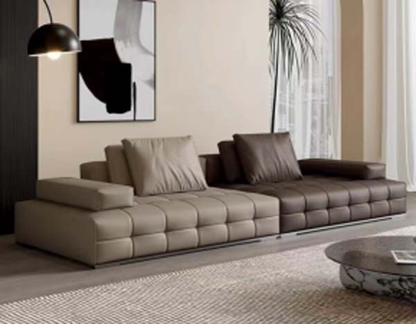 Two-Tone Grid-Quilted Low-Profile Modular Sectional Sofa with Recessed Metal Plinth Base