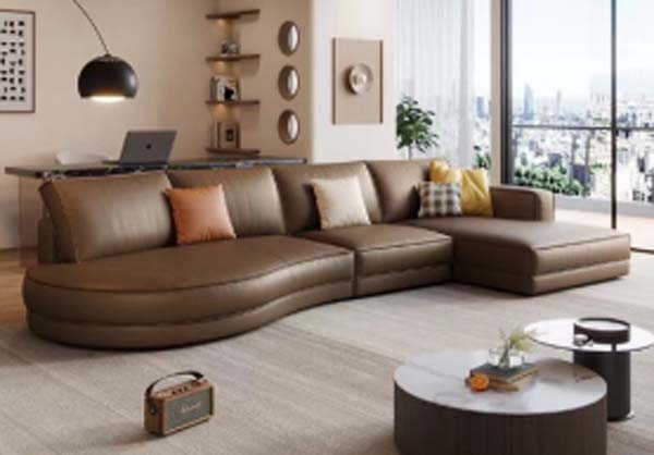 Curved L-Shaped Brown Leather Sectional Sofa with Right Chaise, Low Plinth Base