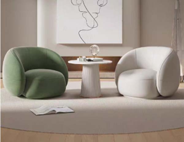 Bulbous Armless Upholstered Lounge Chair Pair with Round Fluted Pedestal Side Table Set