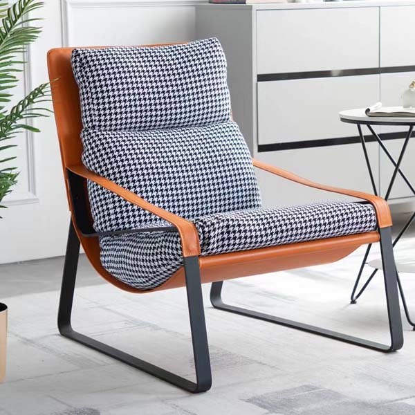 Contemporary Cognac Faux Leather Houndstooth Cushion Lounge Armchair with Black Sled Base