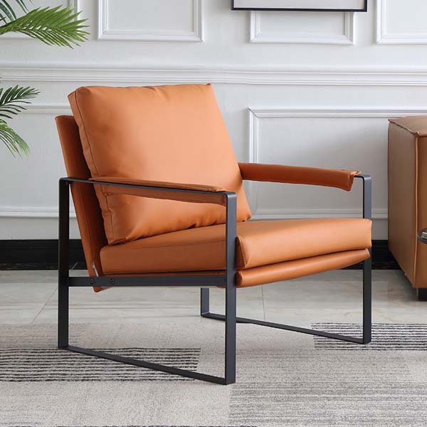 Cognac Faux Leather Black Metal Sled Base Accent Lounge Armchair