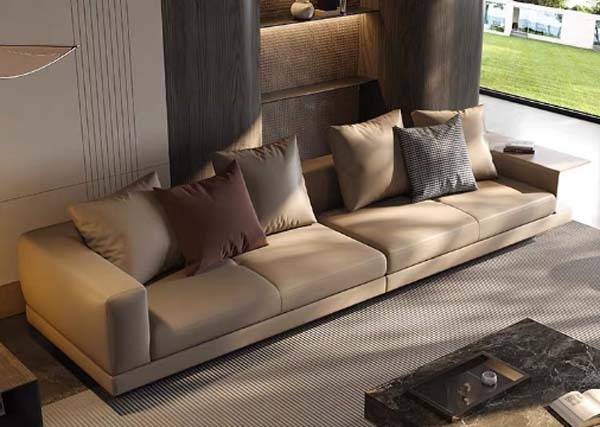 Italian Minimalist Beige Full-Grain Leather 4-Seat Floor-Mount Straight Sofa with Integrated Right Side Ledger
