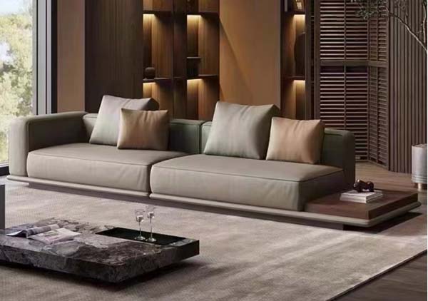 Contemporary Upholstered 4-Seat Sofa with Integrated Walnut Side Shelf