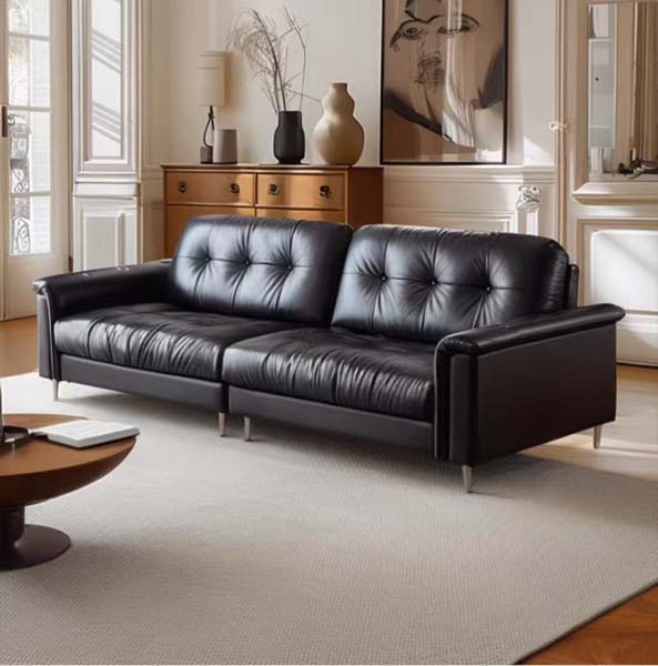 Black Tufted Leather Three-Seater Sofa with Metal Legs