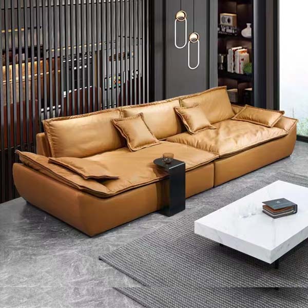 Left-Chaise Armless Low-Profile L-Shaped Sectional Sofa, Caramel Finish