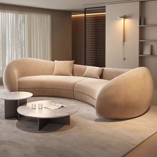 Light Beige Upholstered Organic Curved Sectional Lounge Sofa