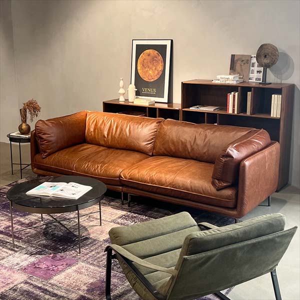 Mid-Century Modern Brown Leather Three-Seater Sofa with Dark Metal Legs