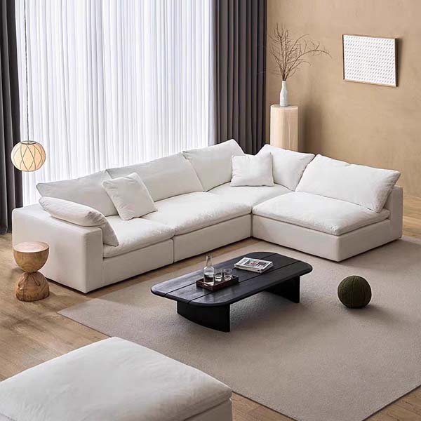 Off-White Deep-Seat L-Shaped Modular Sectional Sofa with Ottoman