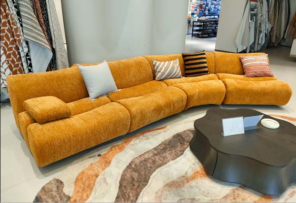 Low-Profile Curved Modular Sectional Sofa, Mustard Textured Chenille Upholstery