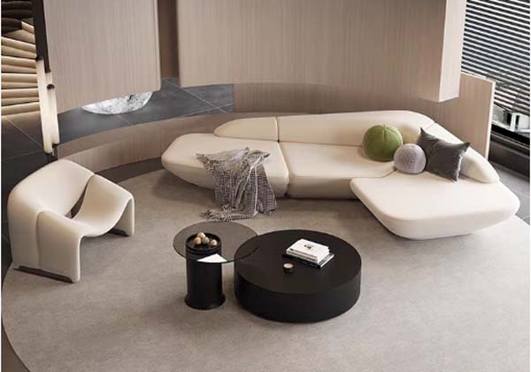 Cream Curved Modular Sectional Sofa Set with Matching Sculptural Lounge Chair and Nested Round Coffee Tables
