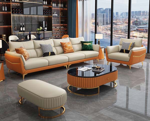Two-Tone Light Luxury 4-Piece Living Room Lounge Set with 4-Seat Sofa, Armchair, Coffee Table and Ottoman