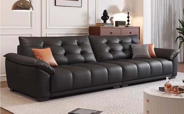 Black Tufted 4-Seat Leather Living Room Sofa