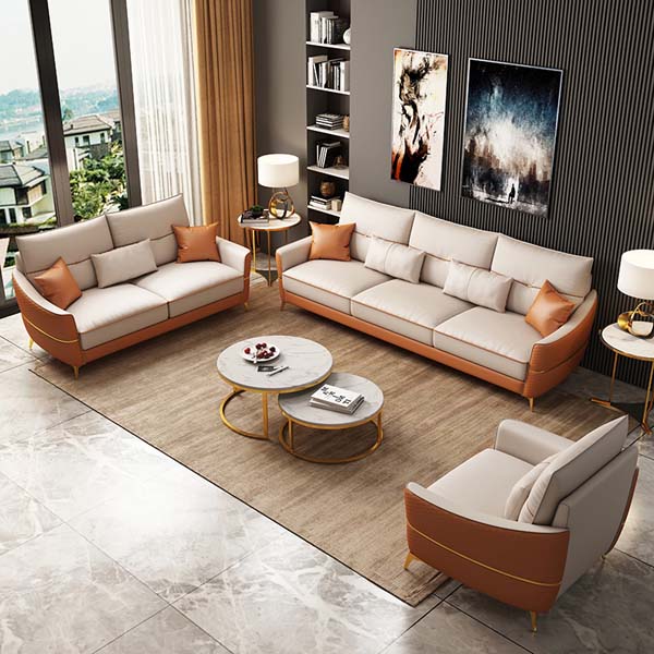 Modern Luxury Two-Tone Beige & Orange Upholstered Living Room Seating Set with Matching Accent Tables