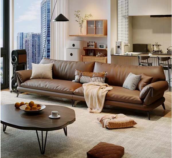 Mid-Century Brown Leather Right-Chaise L-Shaped Sectional Sofa