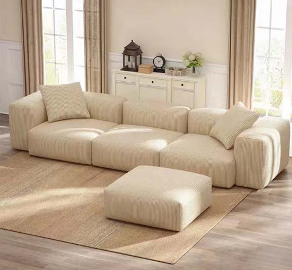 Beige Corduroy 3-Seat Modular Sectional Sofa with Matching Ottoman