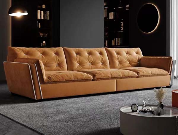 Camel Tan Button-Tufted Three-Seat Stationary Sofa with Contrast Piping