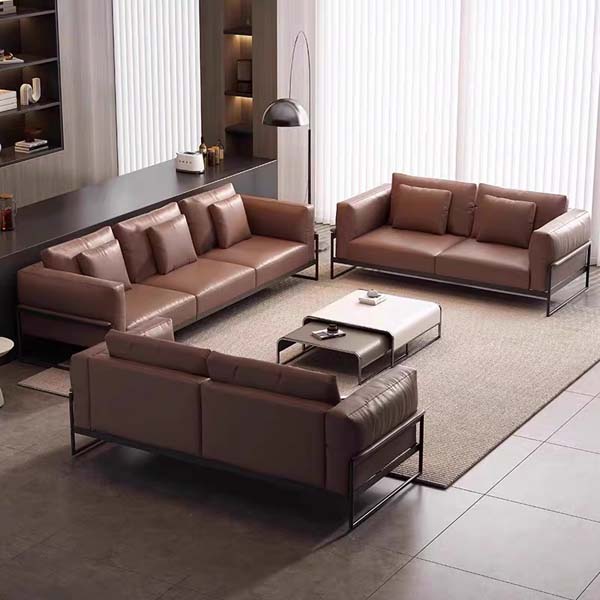 3-Piece Modern Brown Leather Living Room Sofa Set with Black Metal Sled Bases