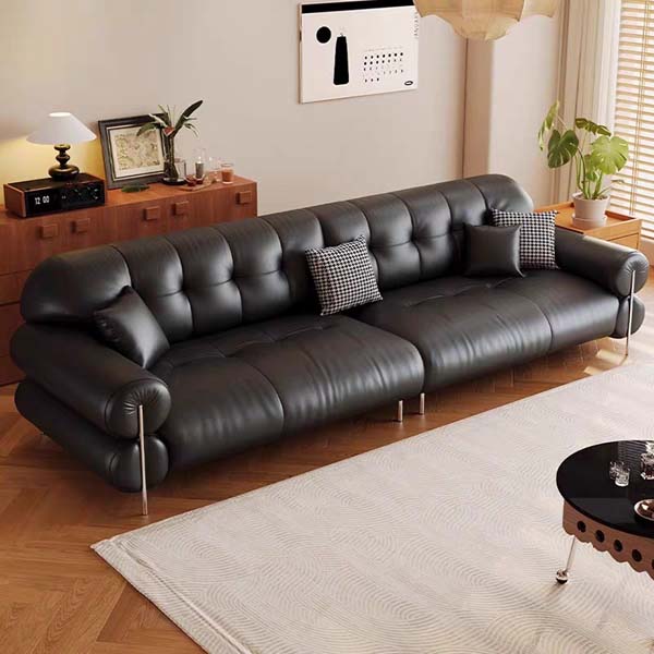 Black Channel-Tufted 4-Seater Upholstered Sofa with Chrome Cylindrical Legs