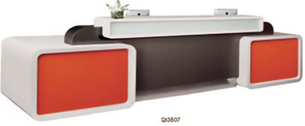 Curved Two-Station Reception Desk with Orange Accent Panels and Wire Grommets
